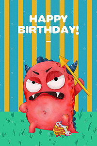 小生日蛋糕可爱插画图片_Q版卡通恶魔小怪兽生日搞破坏