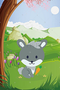动物兔兔插画图片_动物之树下的兔子