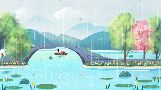 图横插画图片_西湖雨水拱桥风景横图