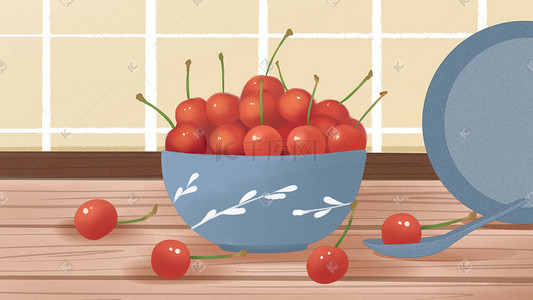 碗盘子手绘插画图片_水果樱桃手绘风格