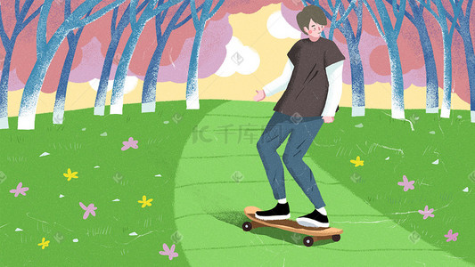 春日公园滑板男孩插画banner背景