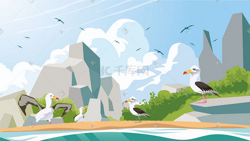海滩海鸟风景插画