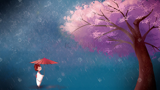 花伞插画图片_春分谷雨樱花撑伞日本和服女子