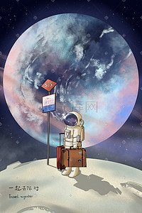 星际移民插画图片_星际旅行未来感朋克幻想主义手绘插画