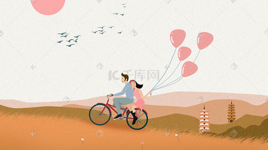 地暖活动插画图片_暖色系秋日午后情侣悠闲地骑单车