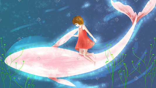 小复古插画图片_人与动物之女孩与鲸鱼小清新治愈系