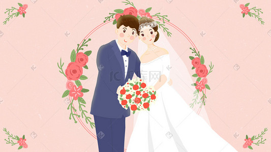 情侣结婚插画图片_手绘小清新婚庆主题情侣结婚婚纱照插画