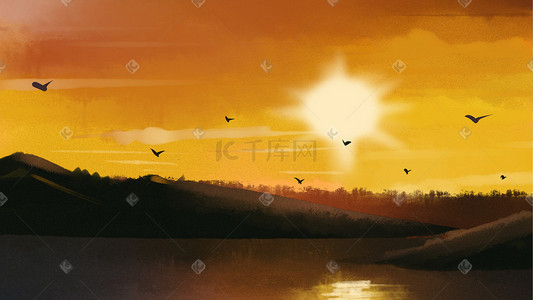 手绘意境插画图片_天空夕阳落日手绘意境图竖图