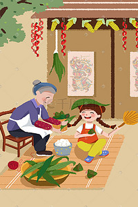 老奶奶哭插画图片_端午节包粽子老奶奶女孩小清新插画端午
