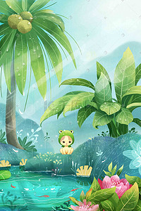 池塘动物插画图片_小满椰子树下下动物乘凉