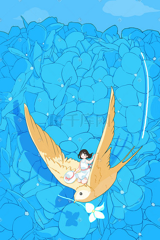 春季花海骑鸟飞行的少女治愈小清新