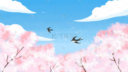 手绘春天天空樱花满天飞燕子插画