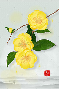 中国风复古水墨插画图片_花卉植物插画金茶花