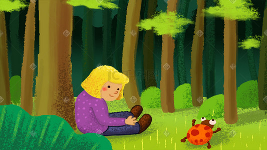 手绘灌木插画图片_小女孩与七星瓢虫的静谧时光