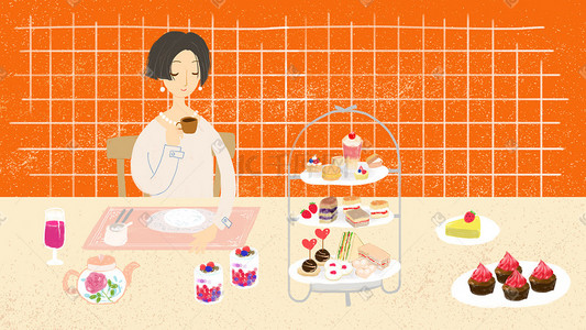 吃货的世界插画图片_女子吃货美食下午茶场景