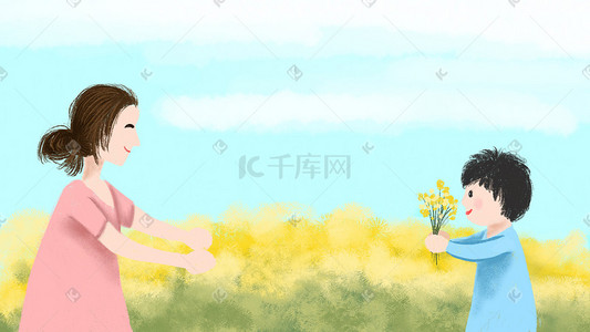 儿子插画图片_母亲节花海母亲和儿子背景图