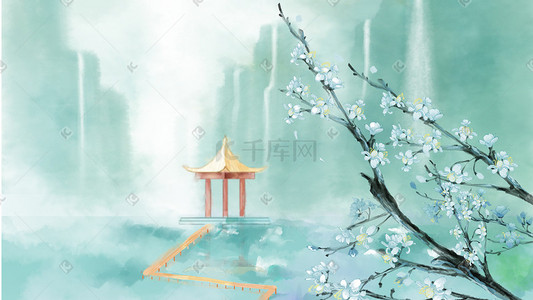 中国水墨山水风景插画图片_清明节水墨山水花卉春季风景