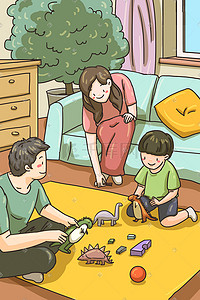 陪伴父母插画图片_一家三口开心玩玩具
