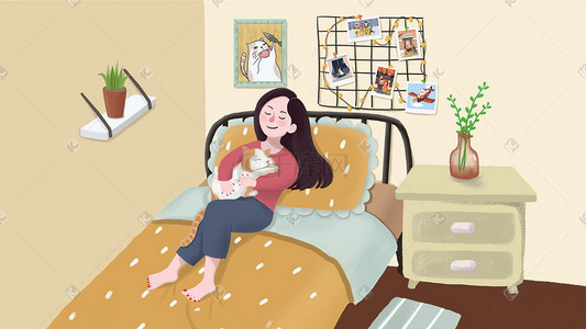 睡觉猫插画图片_卡通手绘女孩与猫