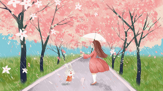 粉嫩女孩雨天樱花漫步