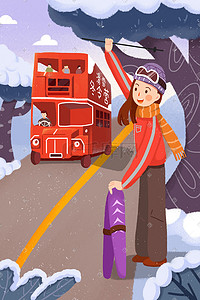 冬季卡通滑雪插画图片_冬天冬季冬令营滑雪少女大巴车卡通插画
