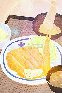 肥牛套餐插画图片_美食日式炸猪排套餐