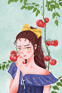 花与少女西红柿女孩插画