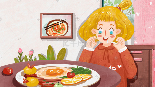 四个女生插画图片_呆萌吃货女生遇见美食很想吃手绘小清新