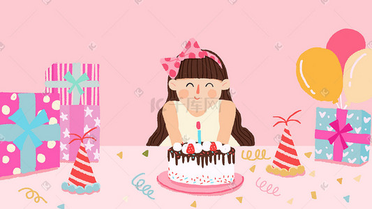 生日小蛋糕礼物插画图片_卡通小清新小女孩过生日配图