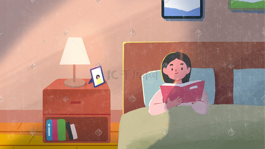 暖色花纹边框插画图片_暖色系扁平风睡觉前看书的女孩