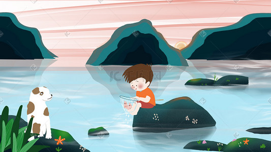 绿色海边插画图片_乡村生活海边小孩捞鱼海报背景