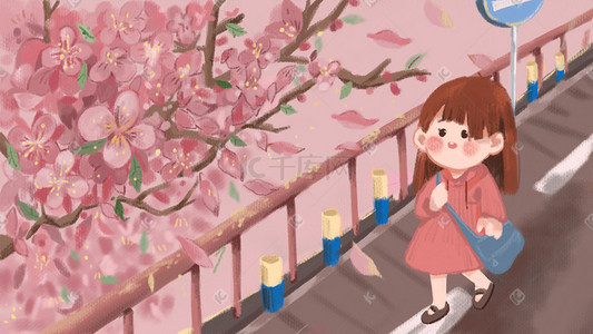 春天女孩出游赏樱花卡通插画