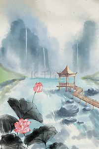 花卉风景插画图片_古风山水赏花游玩水墨风景插画