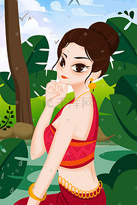 女性人物手绘插画图片_少数民族人物傣族手绘插画