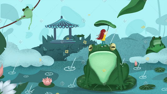 几何蓝绿色背景插画图片_春雨时节女生为青蛙挡雨蓝绿色清新插图