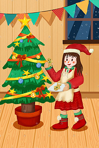卡通可爱冬天插画图片_卡通可爱女孩烹饪姜饼人室内庆祝圣诞节插画圣诞