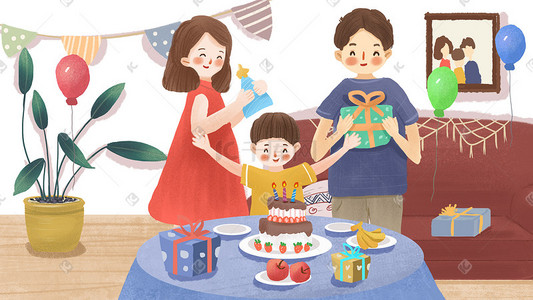 孩子过生日插画图片_爸爸妈妈给孩子过生日小清新