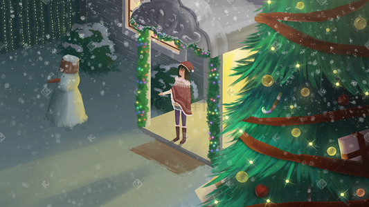 圣诞节雪夜插画背景圣诞