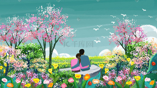 春季风景手绘插画图片_春天情侣风景手绘