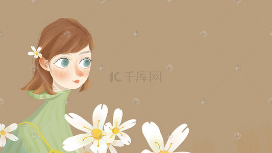 复古的花的插画图片_复古风格穿绿色衣服的少女