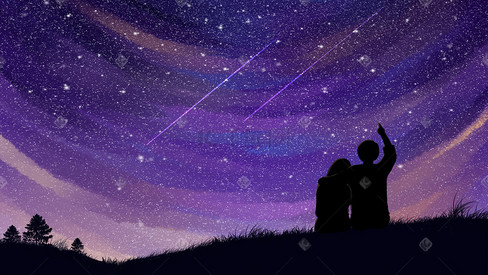 星空下情侣坐在山坡草地上看星星