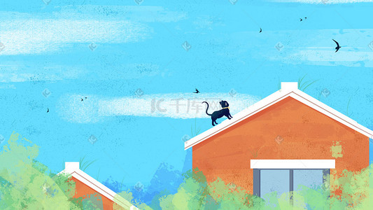 小清新海报蓝色插画图片_蓝色小清新黑猫在屋顶散步早安插画