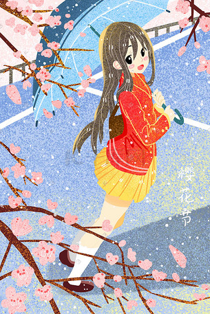 樱花季粉色系粉嫩清新少女彩色手绘插画