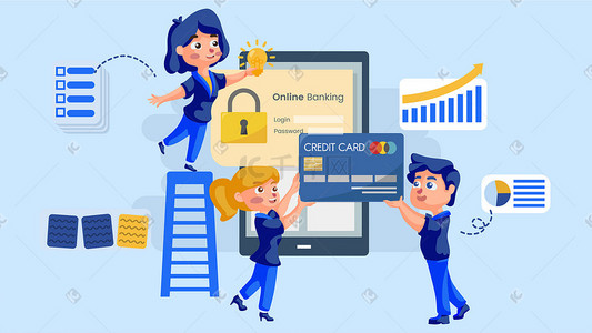 银行卡手机插画图片_商务金融蓝色线上科技科技