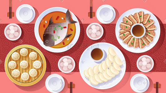传统春节插画图片_中式传统美食扁平插画