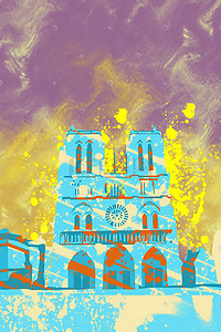 法国斗牛犬插画图片_巴黎圣母院创意插画