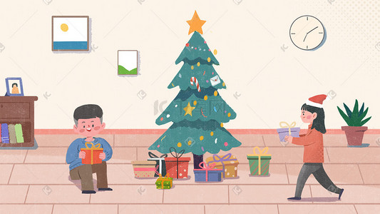 收礼物的孩子插画图片_圣诞节收礼物的小孩圣诞