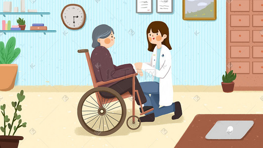 为中国插画图片_医生为老人看病轮椅蓝色小清新插画