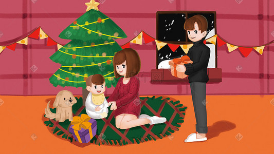 红色调插画图片_家庭圣诞节圣诞插画圣诞