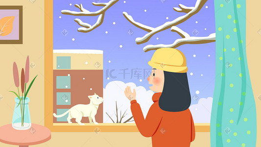 戴帽子女孩插画图片_立冬雪天冬天室内戴帽子女孩